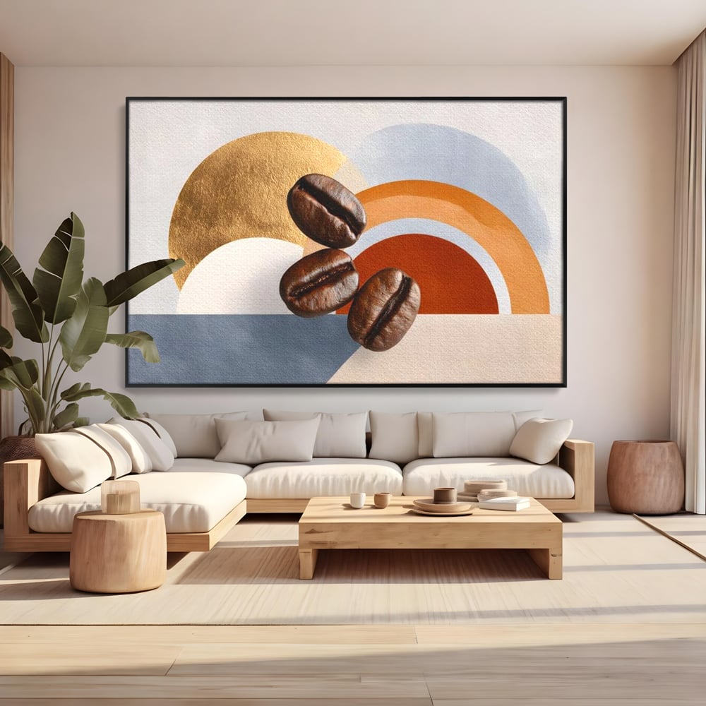 Tablou canvas cu tablou canvas cu boabe de cafea si forme geometrice, in rama de aluminiu negru, pe perete intr-un living